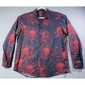 International Concepts Mens Sz L Shirt Black/Red Flocked Paisley Long Sleeve